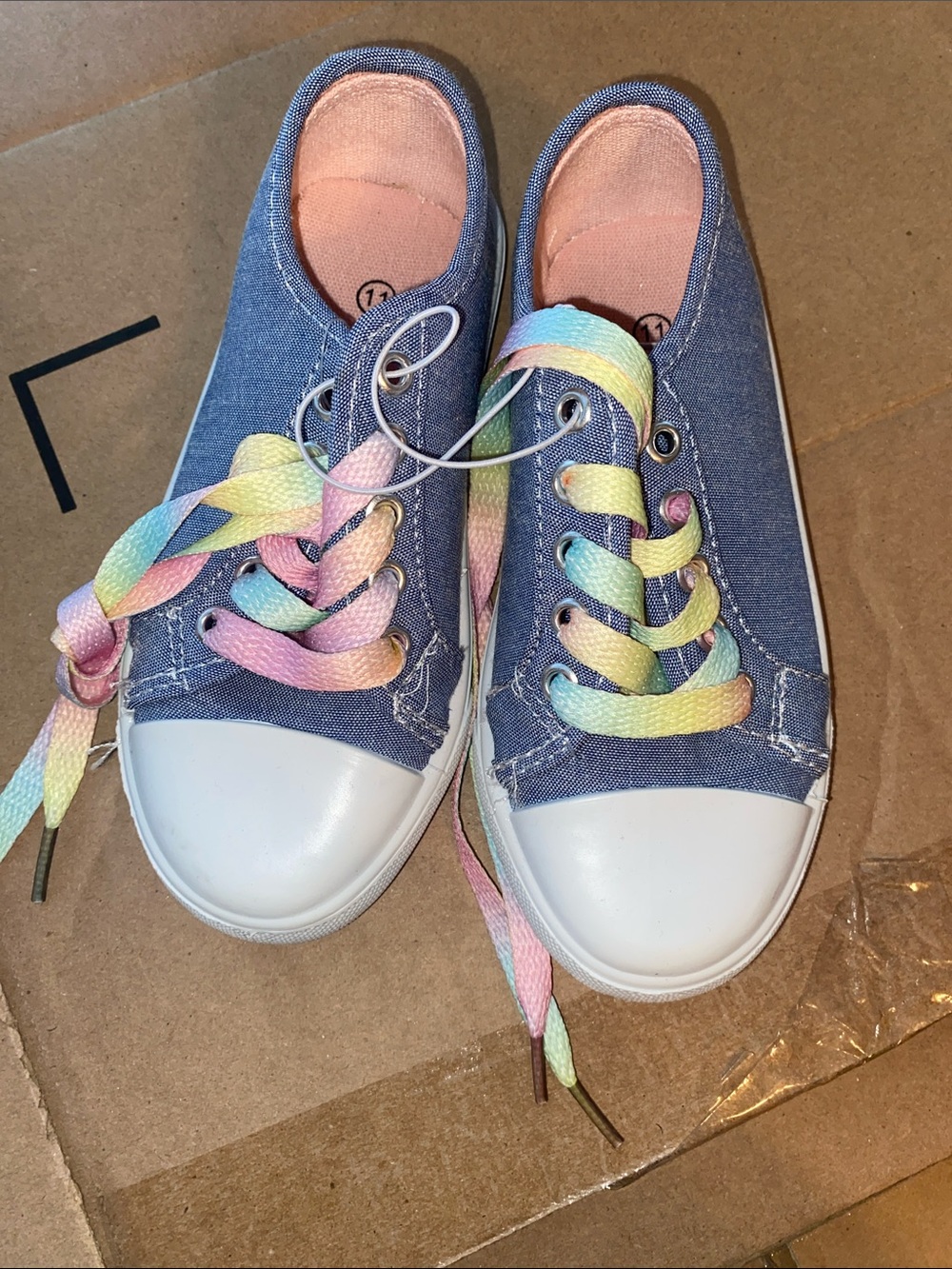 Girls' Denim Canvas Sneakers with Pastel Rainbow Laces